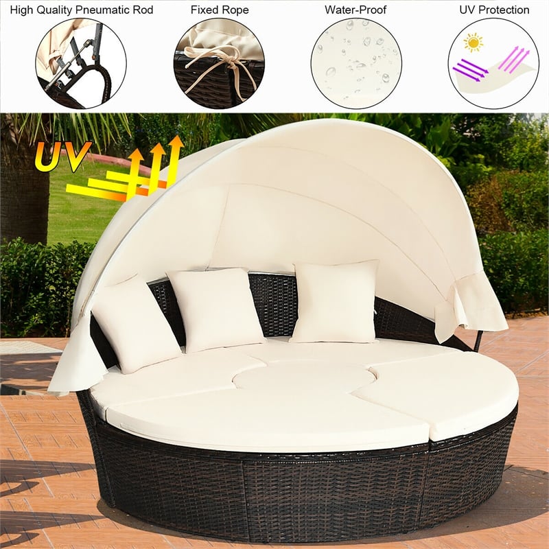 Patio Rattan Daybed Cushioned Sofa Top Canopy Brown