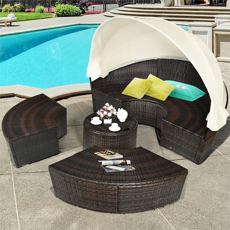 Patio Rattan Daybed Cushioned Sofa Top Canopy Brown