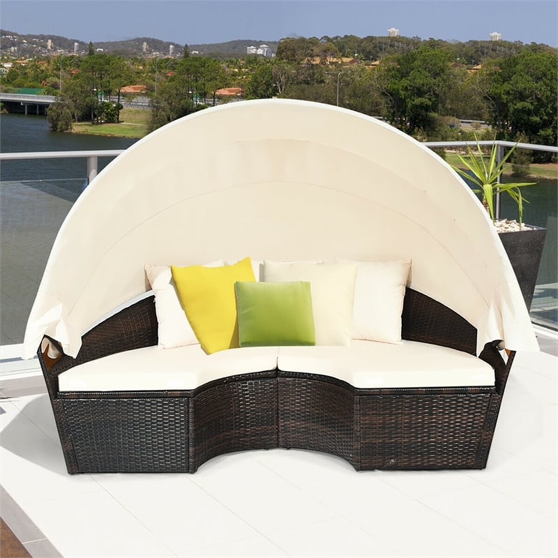 Patio Rattan Daybed Cushioned Sofa Top Canopy Brown