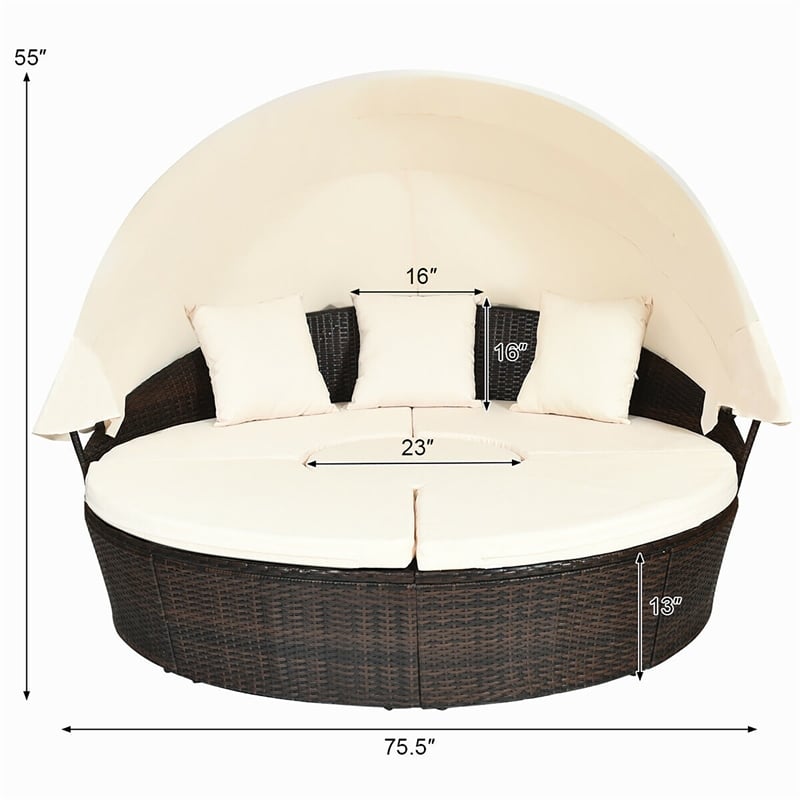 Patio Rattan Daybed Cushioned Sofa Top Canopy Brown