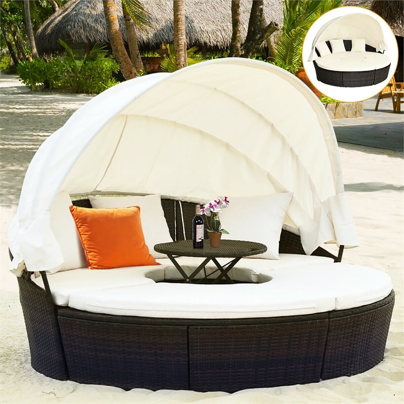 Patio Rattan Daybed Cushioned Sofa Top Canopy Brown
