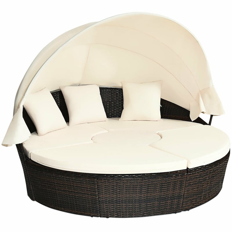 Patio Rattan Daybed Cushioned Sofa Top Canopy Brown