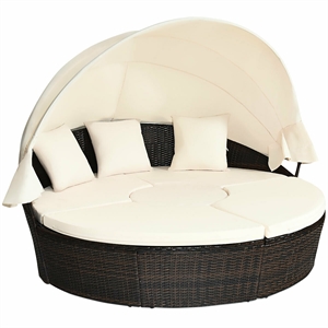 Patio Rattan Daybed Cushioned Sofa Top Canopy Brown