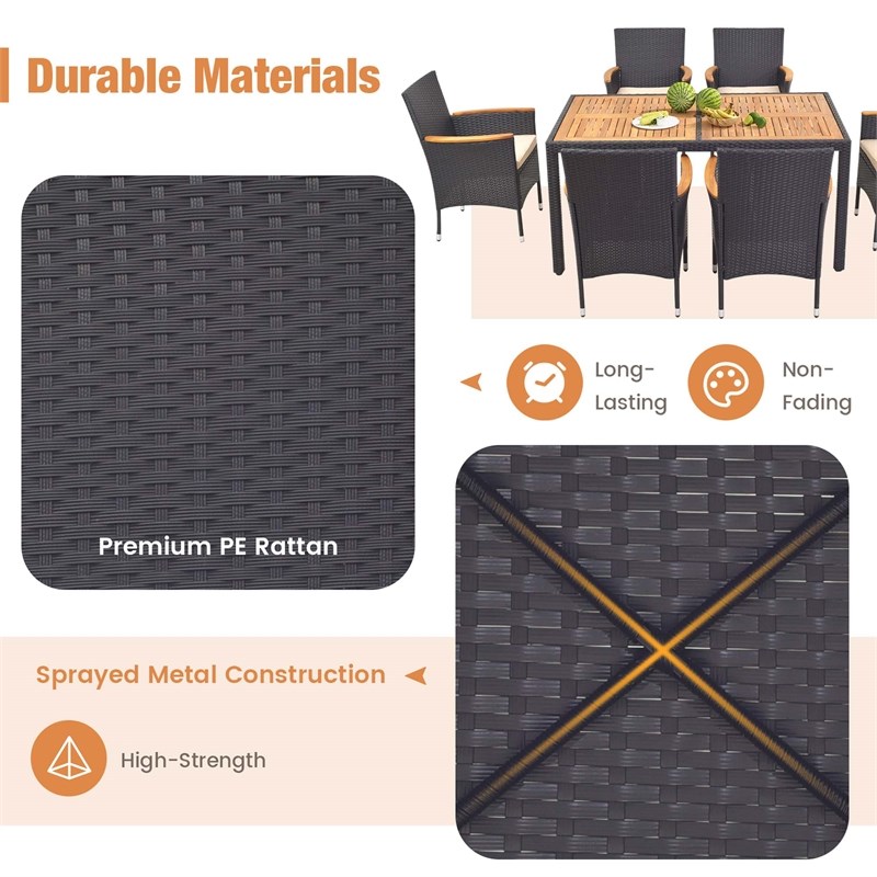 7 PCS Outdoor Dining Set with Umbrella Hole Brown Natural