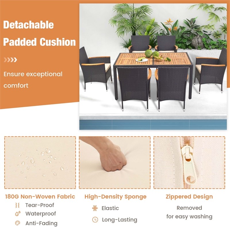 7 PCS Outdoor Dining Set with Umbrella Hole Brown Natural