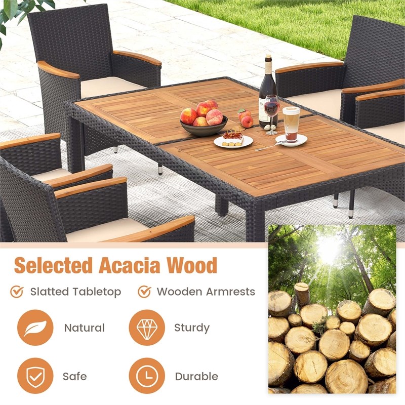 7 PCS Outdoor Dining Set with Umbrella Hole Brown Natural
