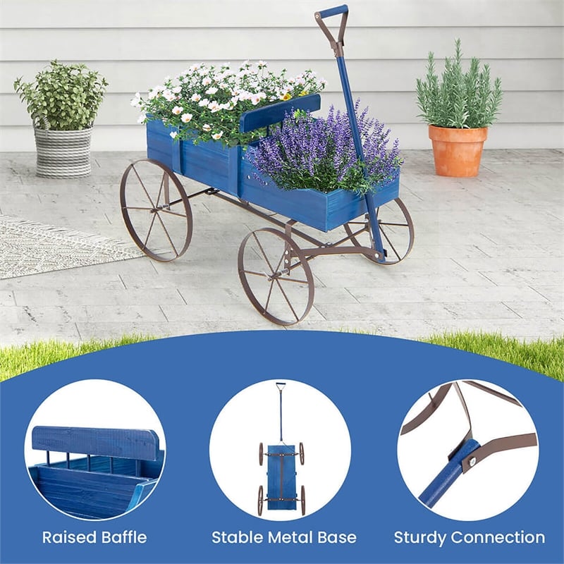 Garden Plant Planter Wooden Wagon Planter W/ Wheel Blue