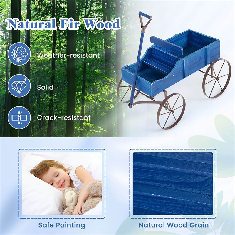 Garden Plant Planter Wooden Wagon Planter W/ Wheel Blue