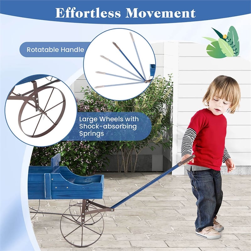 Garden Plant Planter Wooden Wagon Planter W/ Wheel Blue