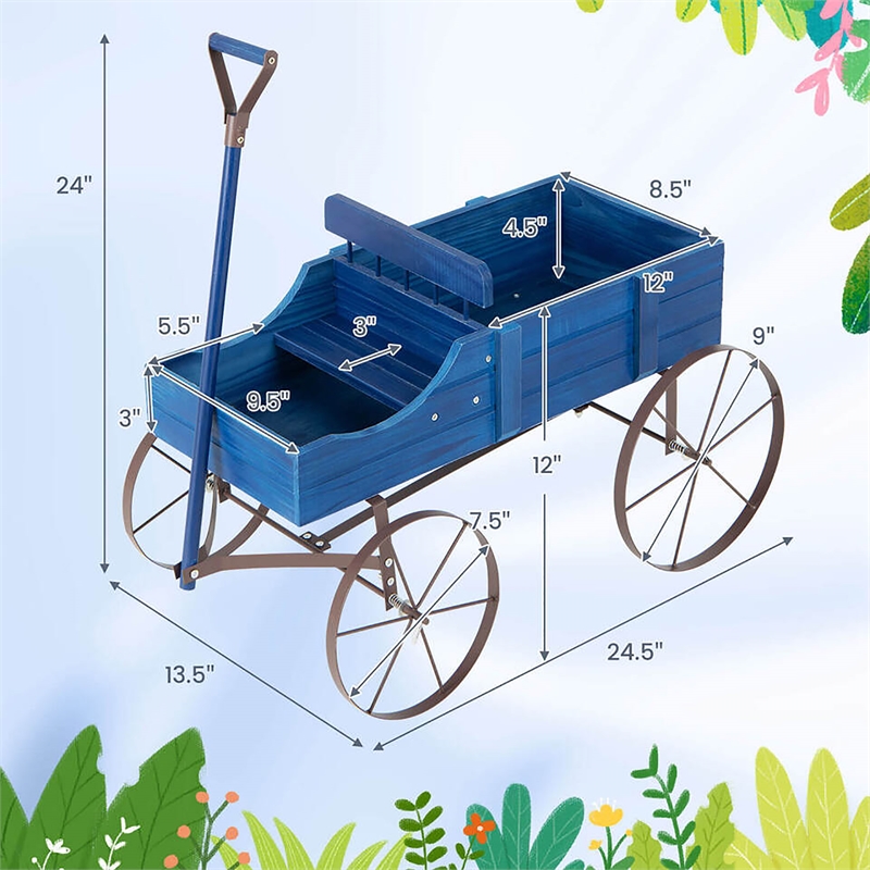 Garden Plant Planter Wooden Wagon Planter W/ Wheel Blue