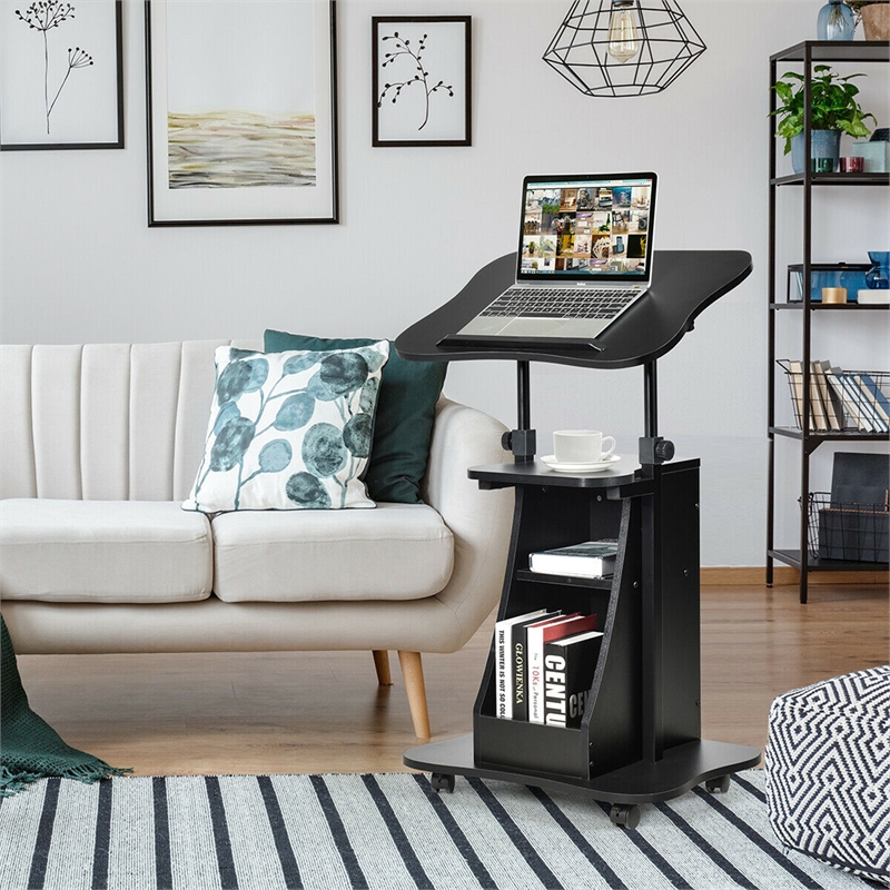 Set of 2 Sit to Stand Laptop Desk Cart Rolling Mobile Black