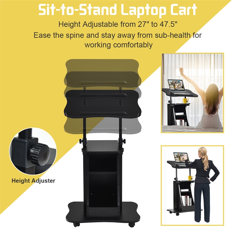 Set of 2 Sit to Stand Laptop Desk Cart Rolling Mobile Black
