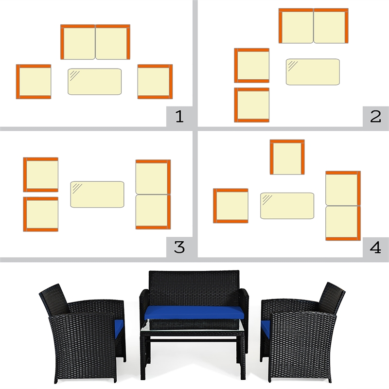 4PCS Patio Rattan Furniture Conversation Set Garden Navy