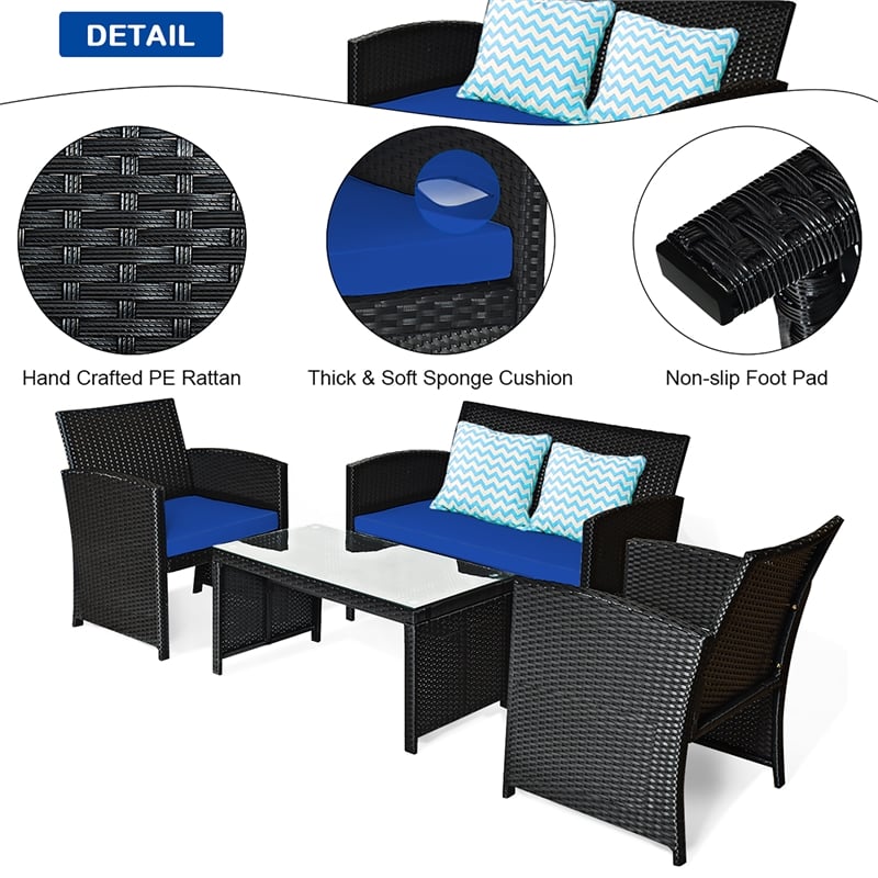 4PCS Patio Rattan Furniture Conversation Set Garden Navy