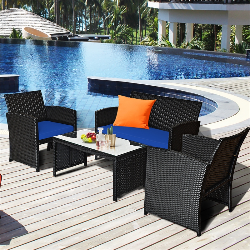 4PCS Patio Rattan Furniture Conversation Set Garden Navy
