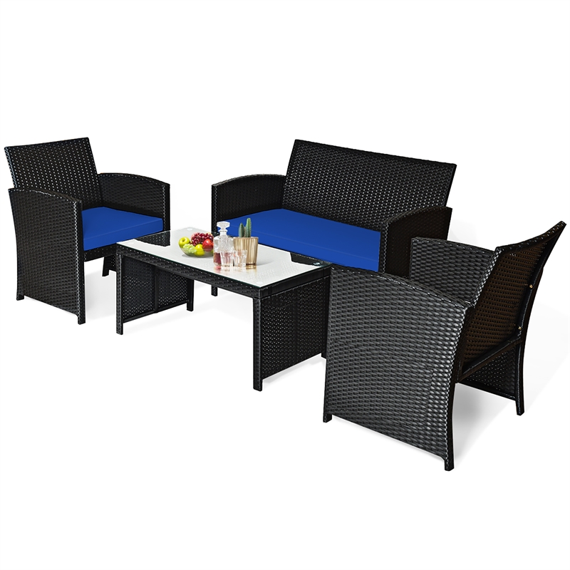 4PCS Patio Rattan Furniture Conversation Set Garden Navy