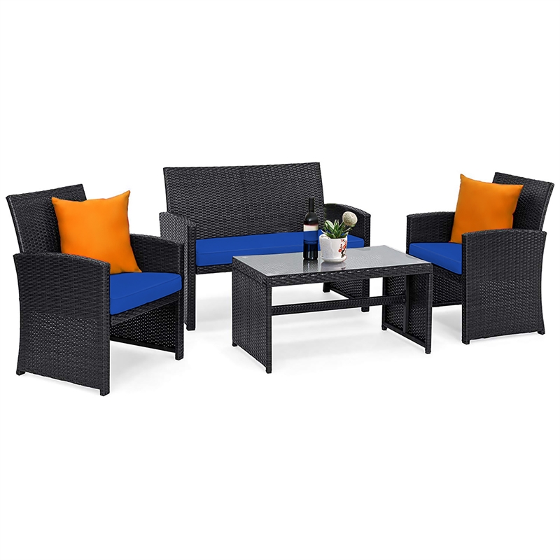 4PCS Patio Rattan Furniture Conversation Set Garden Navy