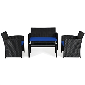 4PCS Patio Rattan Furniture Conversation Set Garden Navy