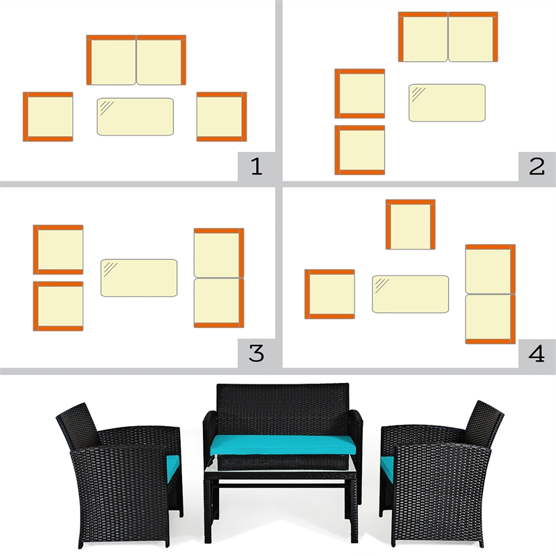 4PCS Patio Rattan Furniture Conversation Set Garden Turquoise