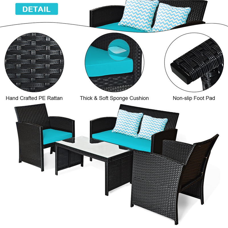 4PCS Patio Rattan Furniture Conversation Set Garden Turquoise