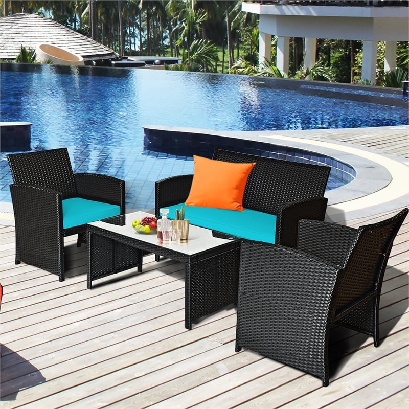 4PCS Patio Rattan Furniture Conversation Set Garden Turquoise
