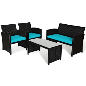 4PCS Patio Rattan Furniture Conversation Set Garden Turquoise