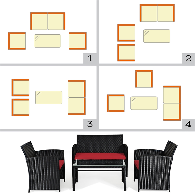 4PCS Patio Rattan Furniture Conversation Set Garden Red