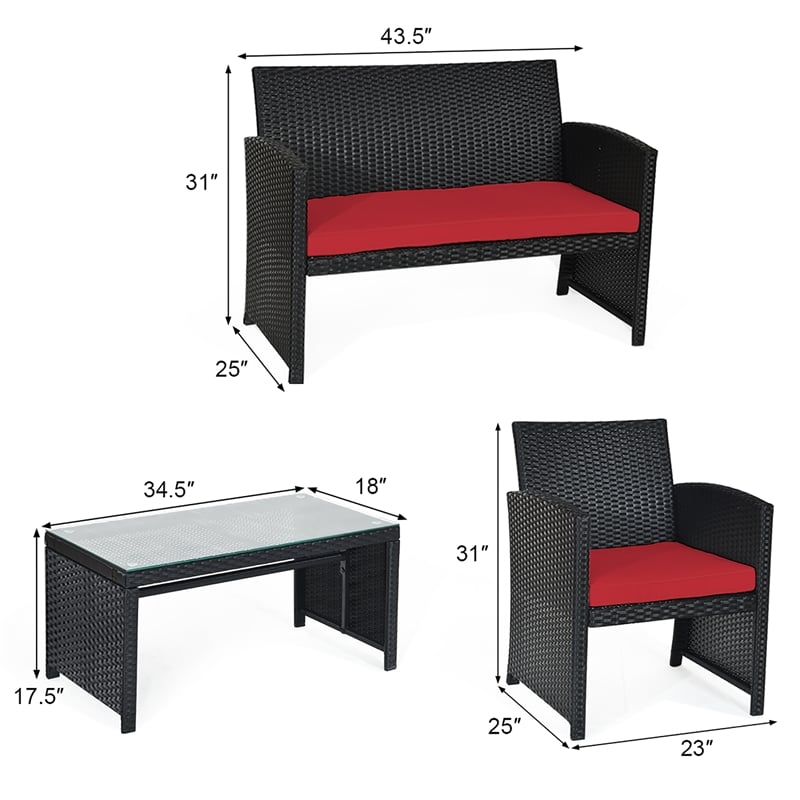 4PCS Patio Rattan Furniture Conversation Set Garden Red