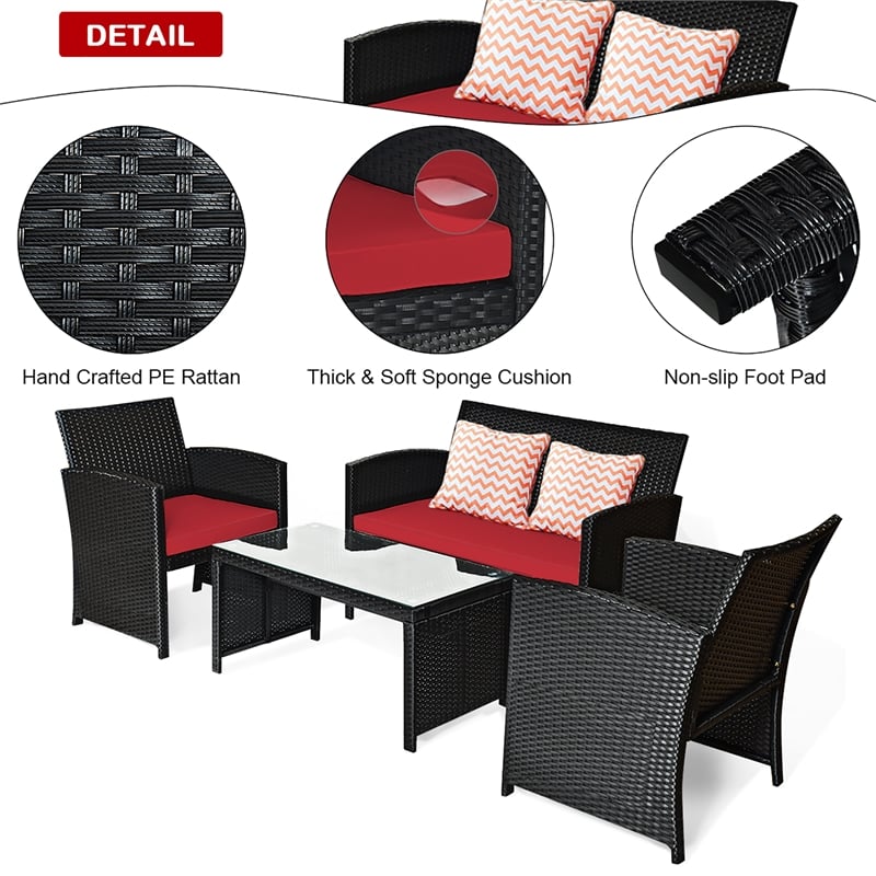4PCS Patio Rattan Furniture Conversation Set Garden Red
