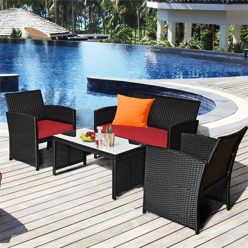 4PCS Patio Rattan Furniture Conversation Set Garden Red