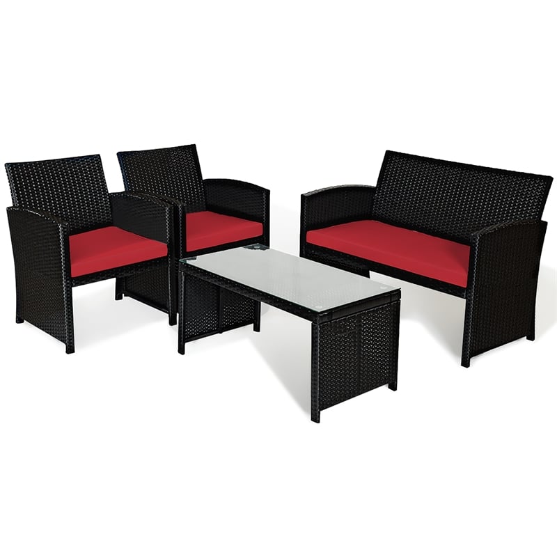 4PCS Patio Rattan Furniture Conversation Set Garden Red