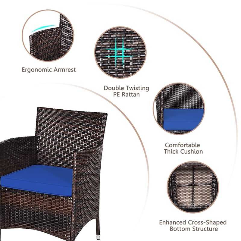 Outdoor 3 PCS Rattan Wicker Furniture Sets Navy