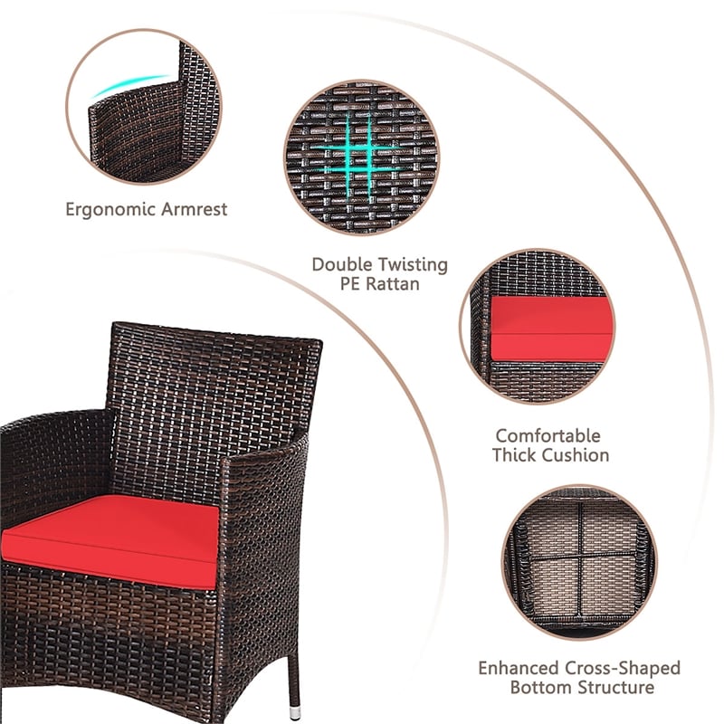 Outdoor 3 PCS Rattan Wicker Furniture Sets Red
