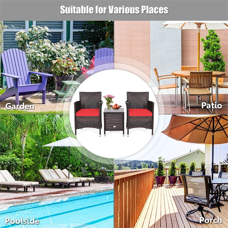 Outdoor 3 PCS Rattan Wicker Furniture Sets Red