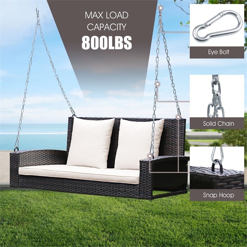 2 Person Patio Rattan Hanging Porch Swing Bench Chair Beige