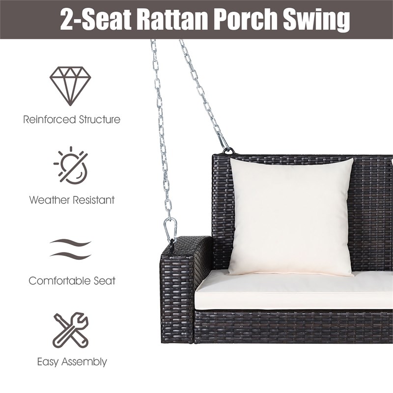 2 Person Patio Rattan Hanging Porch Swing Bench Chair Beige