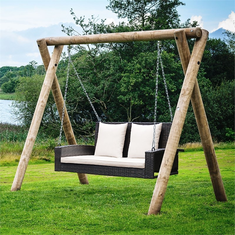 2 Person Patio Rattan Hanging Porch Swing Bench Chair Beige