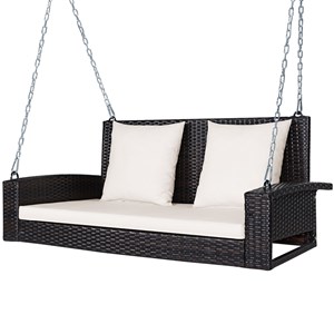 2 Person Patio Rattan Hanging Porch Swing Bench Chair Beige