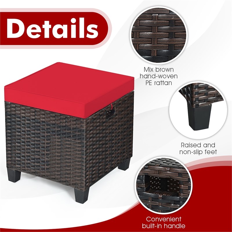 2PCS Patio Rattan Ottoman Cushioned Seat Foot Rest Red