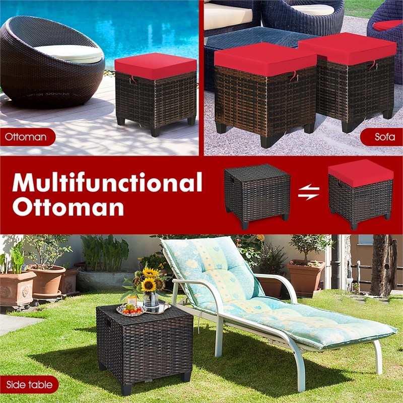 2PCS Patio Rattan Ottoman Cushioned Seat Foot Rest Red