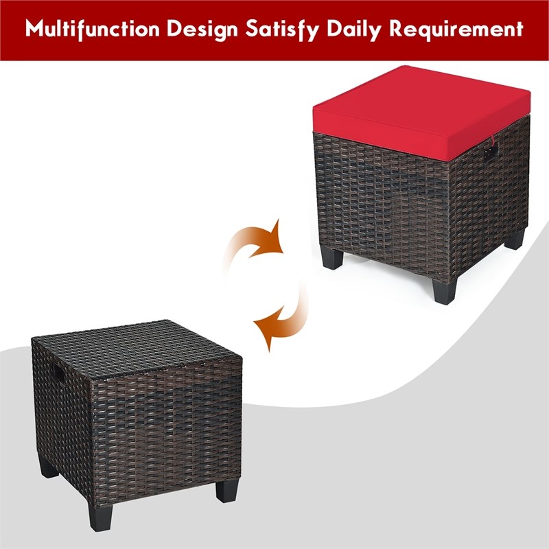 2PCS Patio Rattan Ottoman Cushioned Seat Foot Rest Red
