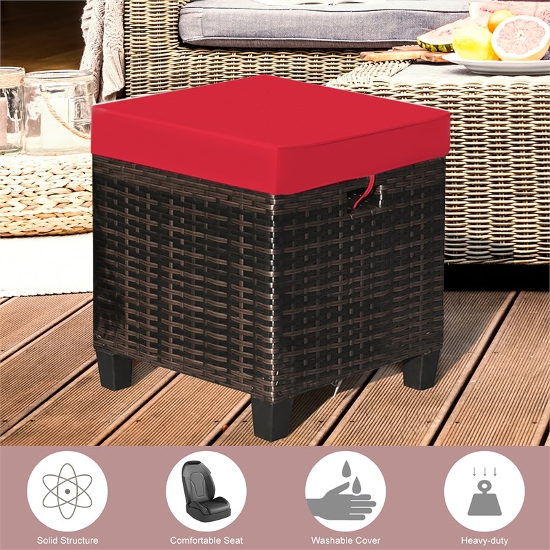 2PCS Patio Rattan Ottoman Cushioned Seat Foot Rest Red