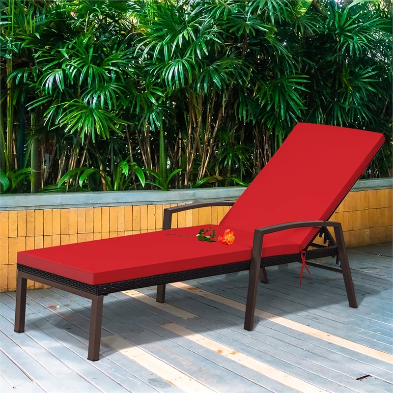 Patio Rattan Lounge Chair Chaise Back Adjustable Red