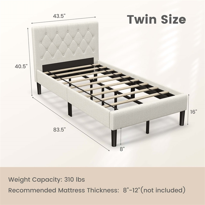 Wooden Upholstered Bed Twin Size Button Tufted Beige