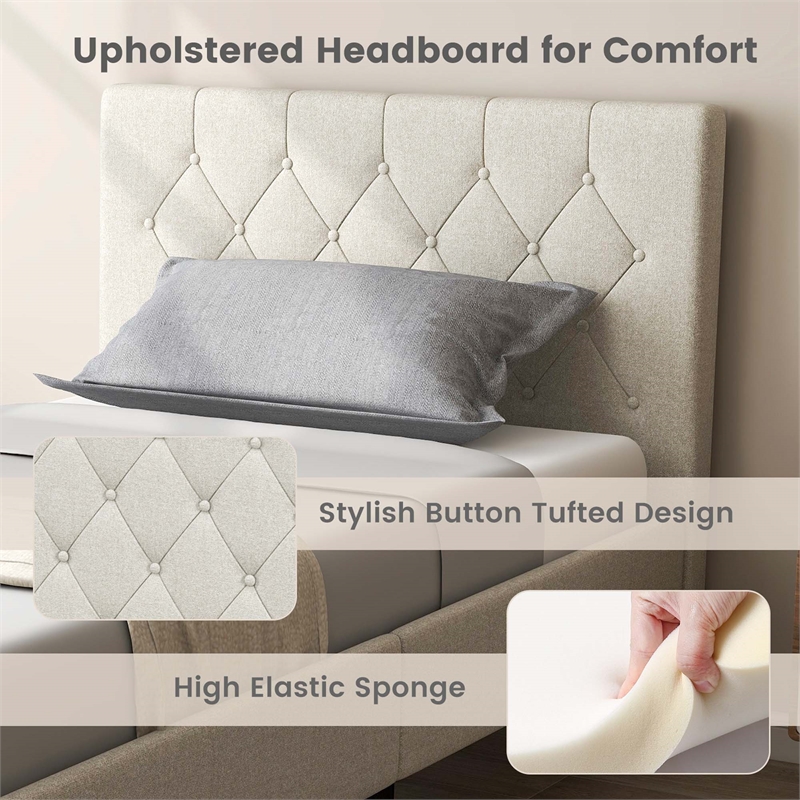 Wooden Upholstered Bed Twin Size Button Tufted Beige