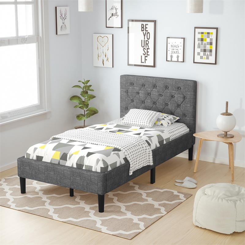 Wooden Upholstered Bed Twin Size Button Tufted Gray