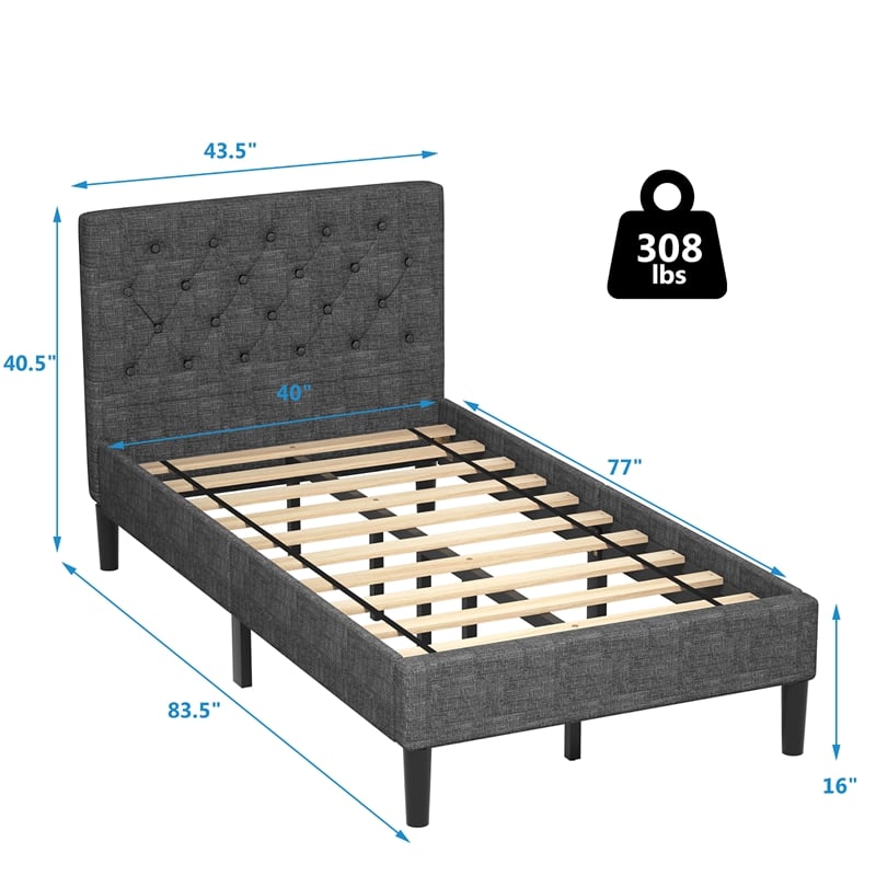 Wooden Upholstered Bed Twin Size Button Tufted Gray