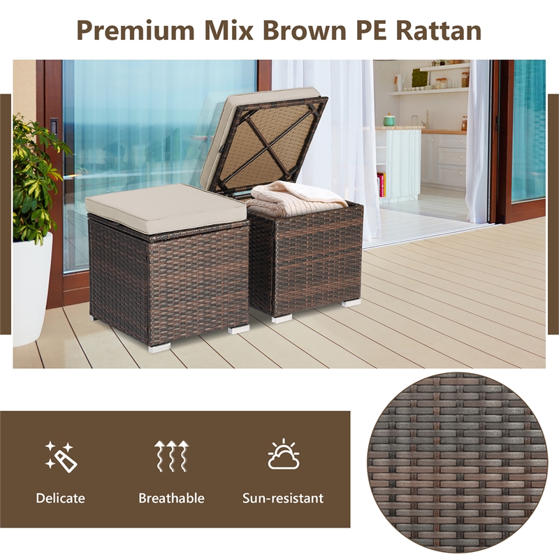 2PCS Patio Rattan Ottoman Seat Storage Box Beige