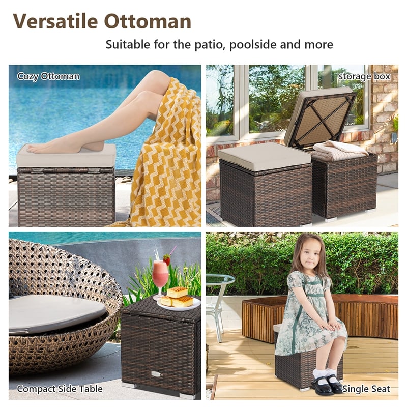 2PCS Patio Rattan Ottoman Seat Storage Box Beige