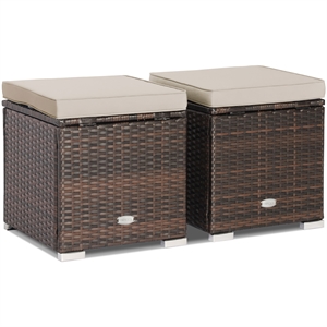 2PCS Patio Rattan Ottoman Seat Storage Box Beige